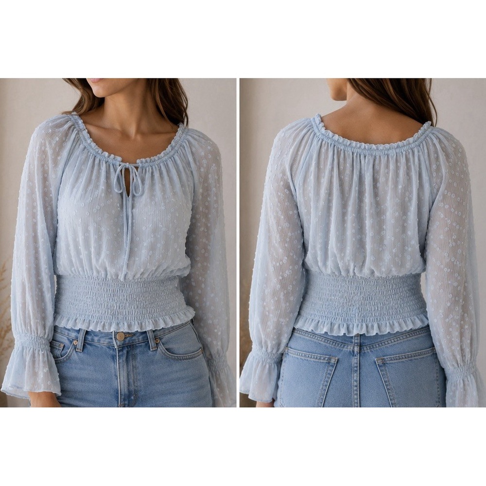 Cato Light Blue Polka Dot Chiffon Smocked Ruffle Sleeve Blouse Size L